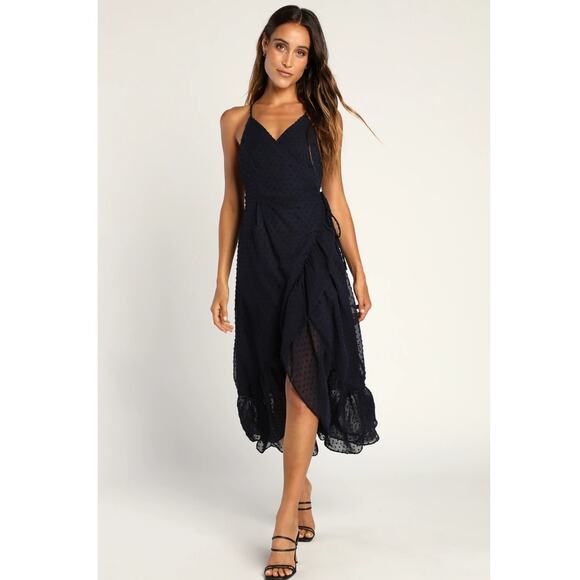 Effortlessly Easy Navy Blue Swiss Dot High-Low Midi Wrap Dress - Picture 2 of 12